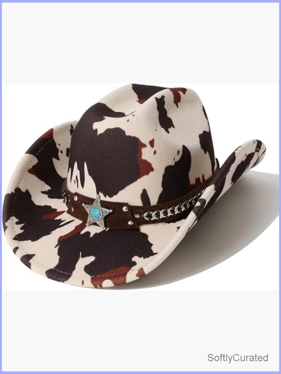 Cow Print Cowgirl Hat with Metal Star Hatband Western Travel Costume main image 7